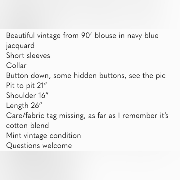 Like new🌸VTG 90’ Beautiful buttons down blouse in navy blue jacquard - Picture 11 of 11
